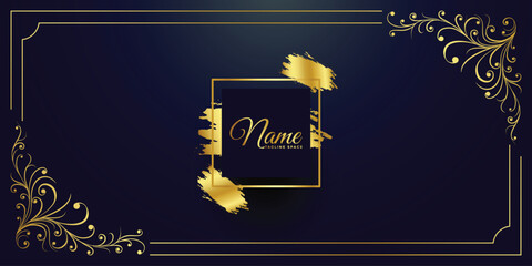 Set Of Luxury Floral Wedding Invitation Design Or Greeting Card Templates With Golden Peonies And Leaves On A Navy Blue Background.