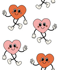 Vector seamless pattern of different color retro groovy cartoon red heart isolated on white background