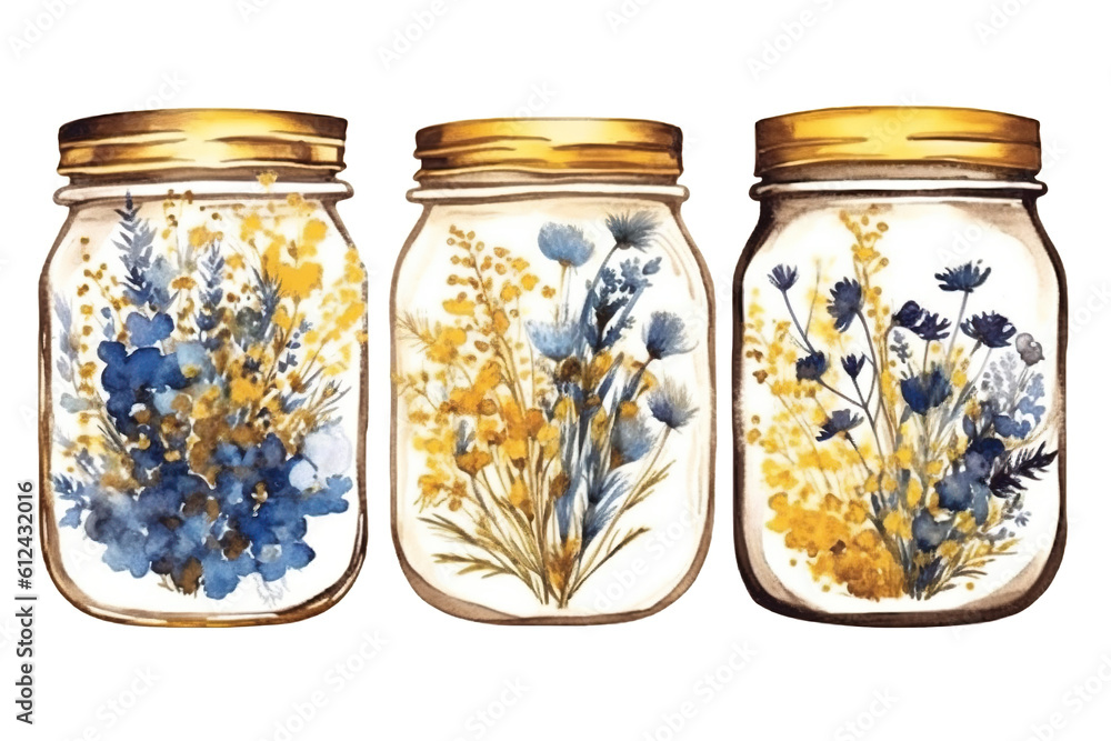 Poster three jars with flowers in them on a white background. generative ai.