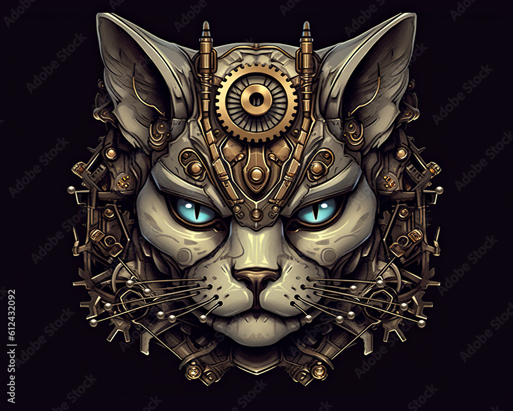 Poster a close up of a cat with a clock on its head. generative ai.