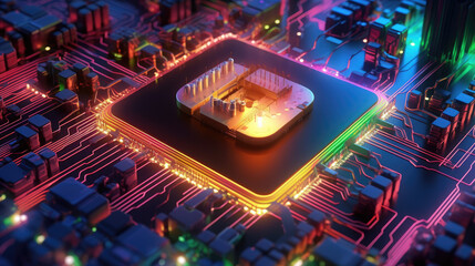 Fototapeta na wymiar 3D rainbow multi colored Processor CPU on a circuit board