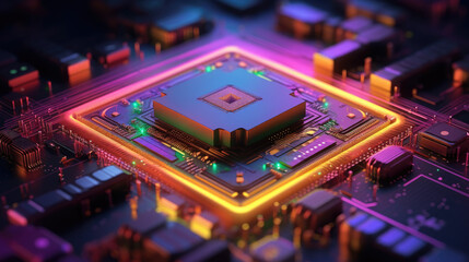 Fototapeta na wymiar 3D rainbow multi colored Processor CPU on a circuit board