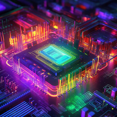 Fototapeta premium 3D rainbow multi colored Processor CPU on a circuit board