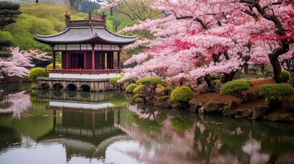 Serenity and Beauty of the Japanese Garden: Ornamental Cherry Blossom, Sky-Colours, Duck Pond, and a Shrine Temple, Generative AI