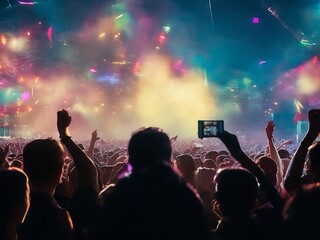 A crowd of people at a live event, concert or party holding hands and smartphones up . Large audience, crowd, or participants of a live event venue with bright lights above. Generative A