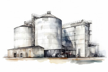 Obraz premium Watercolor drawing paint of industry zone, refinery power plant energy station for stored, petrochemical industrial, factory food processing plant isolated on white background, with Generative AI.