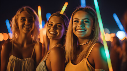 Beautiful girls / women having fun at a music festival / concert at night with glowsticks