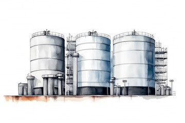 Fototapeta premium Watercolor drawing paint of industry zone, refinery power plant energy station for stored, petrochemical industrial, factory food processing plant isolated on white background, with Generative AI.
