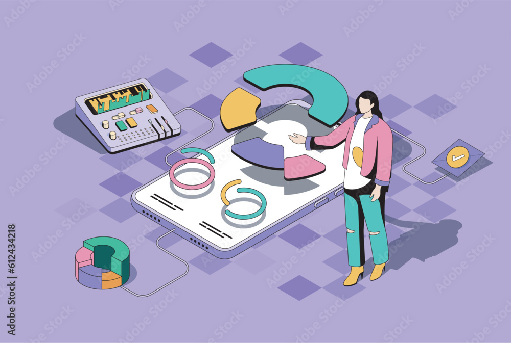 Aufkleber Data analysis concept in 3d isometric design. Woman working with diagram, researching charts and graphs at mobile phone app screens. Vector illustration with isometry people scene for web graphic