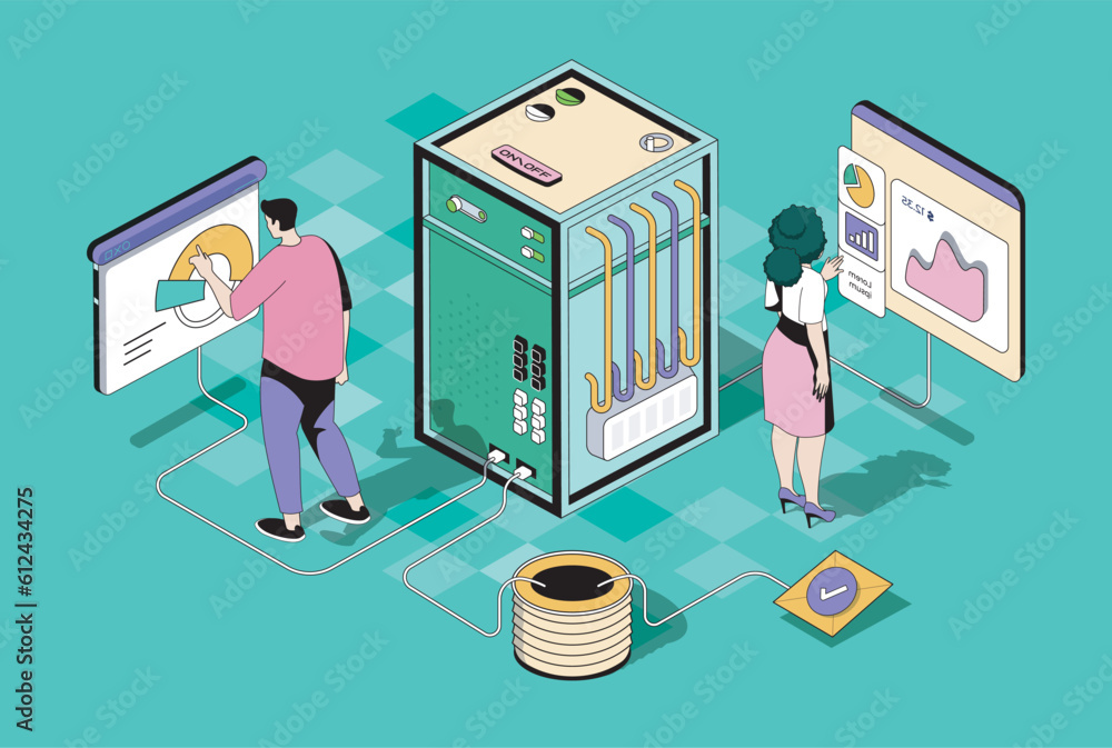 Leinwandbilder Data centre concept in 3d isometric design. Woman and man work as tech administrators, monitoring system and infrastructure optimization. Vector illustration with isometry people scene for web graphic