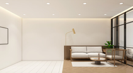 Modern japan style tiny room decorated with minimalist sofa and raised wooden floor. Blank white wall and white tiled floor. 3d rendering