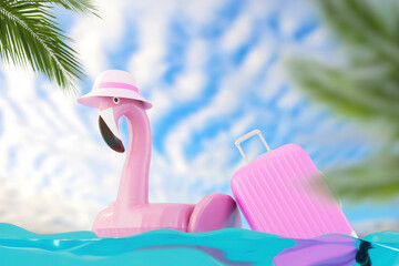 concept of summer vacation. flamingo inflatable ring and suitcase floating on the water. 3d render
