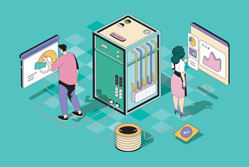 Data centre concept in 3d isometric design. Woman and man work as tech administrators, monitoring system and infrastructure optimization. Vector illustration with isometry people scene for web graphic