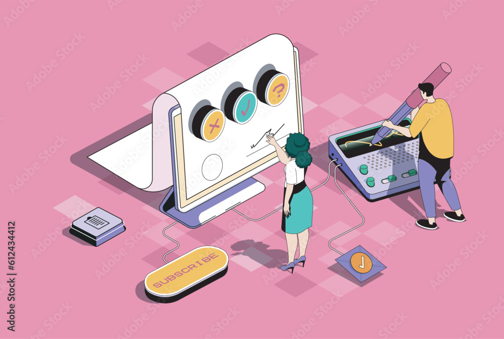 Aufkleber electronic contract concept in 3d isometric design. businessman and businesswoman signing agreement 