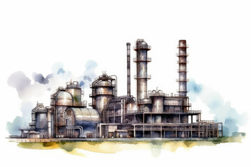 Fototapeta na wymiar Watercolor drawing paint of industry zone, refinery power plant energy station for stored, petrochemical industrial, factory food processing plant isolated on white background, with Generative AI.