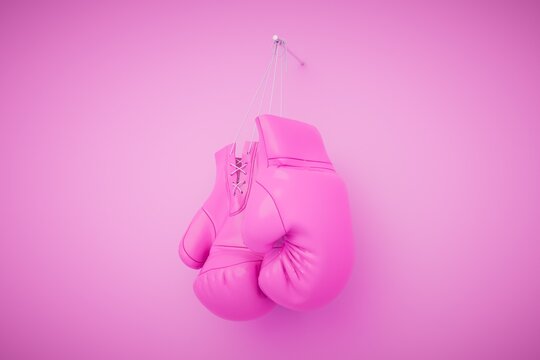 Hanging pink womans boxing gloves isolated on pastel background. 3d render