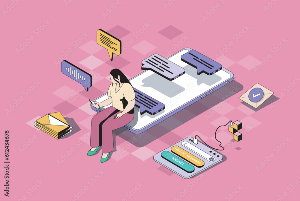 Fototapete Messaging services concept in 3d isometric design. Woman using mobile app for sending emails, chatting with friends, answering messages. Vector illustration with isometry people scene for web graphic