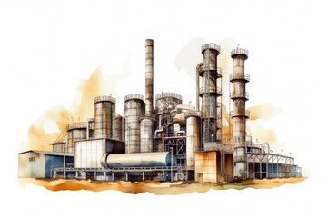 Watercolor drawing paint of industry zone, refinery power plant energy station for stored, petrochemical industrial, factory food processing plant isolated on white background, with Generative AI.