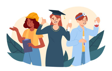 Women in different professions concept. Teacher, builder and doctor. Young girls in uniforms. International holiday, labor day. Poster or banner for website. Cartoon flat vector illustration