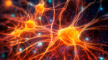 System neuron of brain with synapses and electrical activity. Generative AI