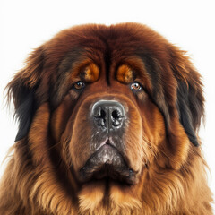 Adorable fluffy and huge tibetan mastiff dog portrait isolated on white background as concept of domestic pet in ravishing hyper realistic by Generative AI.