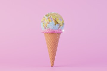 travel for all tastes. Globe in a waffle cup on a pastel background. 3D render