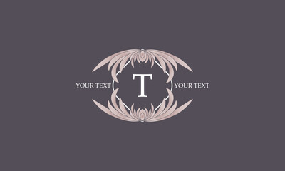 Floral monogram for cards, invitations, menus, labels with the letter T in the center. Graphic design for pages, business signage, boutiques, cafes, hotels.