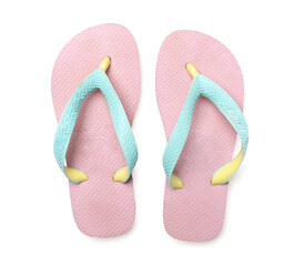 Bright flip flops isolated on white, top view