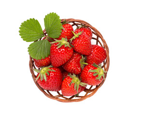 Basket with fresh strawberries isolated on white, top view
