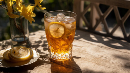 A refreshing glass of iced tea with lemon slices, placed on a sunny garden table
