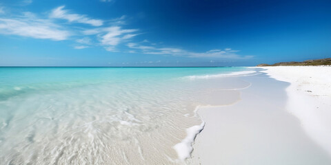 Fototapeta na wymiar Beautiful sand beach with blue ocean. Generative AI illustration