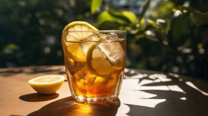 A refreshing glass of iced tea with lemon slices, placed on a sunny garden table,