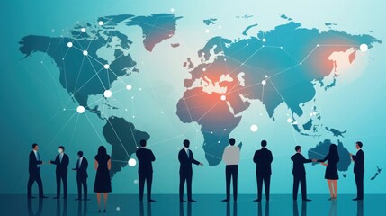 Network. Global Business. Illustration of a business team and world map. Business illustration