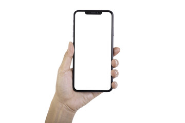 Close up women Hand holding smartphone on white background