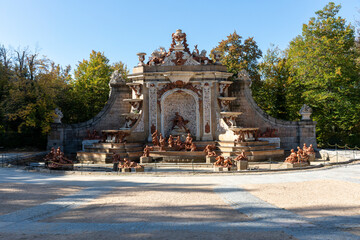 Fototapeta na wymiar Turned off fountain of the baths of Diana in the gardens of the Royal Palace of the farm of San Ildefonso, Segovia, Spain.