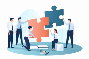 Solution team and the final piece. Leader holds a final piece of puzzle. Solution of the problem. Business  illustration, Generative AI