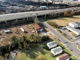 Aerial view of the old houses at the highway road