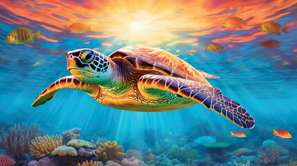Turtle close-up with sun rays. Generative AI.