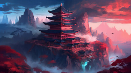 Majestic Chinese Temple in Dark Azure and Crimson In Tranquil Mountain Haven. Generative AI