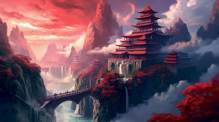 Beautiful Chinese Temple Wallpaper In Dark Azure and Crimson Colors. Generative AI