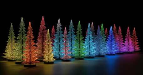 Abstract Christmas trees with colorful lights on a black background. Generative AI