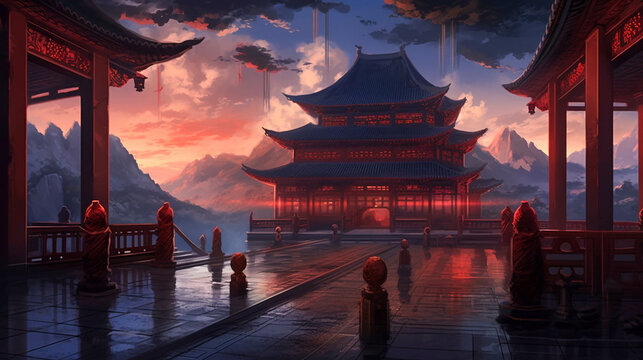 Crimson Chinese Temple Landscape Wallpaper. Asian Inspired Digital Painting. Generative AI