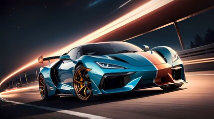 Neon Velocity: Futuristic Sports Car with Dazzling Light Trails