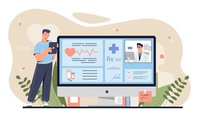 Online cardiologist service concept. Man stands near monitor and evaluates heart rates, cardiogram. Diagnosis and treatment. Telemedicine mobile application. Cartoon flat vector illustration