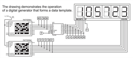 Circuit testing in computer aided design system of electronic devices. Vector drawing demonstrates the operation of digital generator that forms a data template Schematic diagram with decoder, display