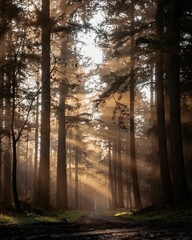 Vertical shot of the morning sun shining through trees in a forest