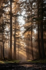 Naklejka premium Vertical shot of the morning sun shining through trees in a forest