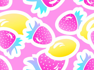 Strawberry with lemon seamless pattern. Summer citrus berry mix of lemon and strawberry with stroke in 3d style. Design for print, fabric and poster. Vector illustration
