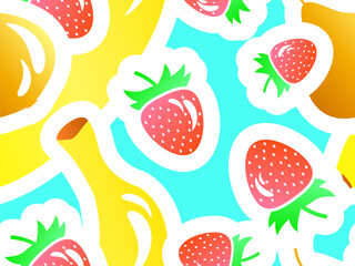 Seamless pattern with pear, bananas and strawberries. Summer fruit and berry mix of strawberry, banana and pear with stroke in 3d style. Design for print, fabric and poster. vector illustration