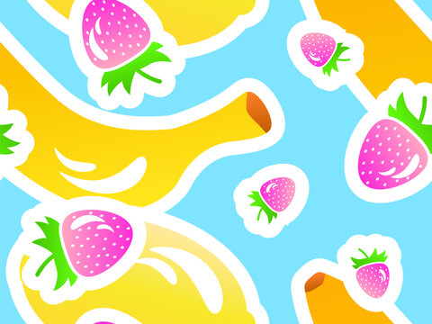 Seamless pattern with bananas and strawberries. Summer fruit and berry mix of strawberry and banana with stroke in 3d style. Design for print, fabric and poster. vector illustration